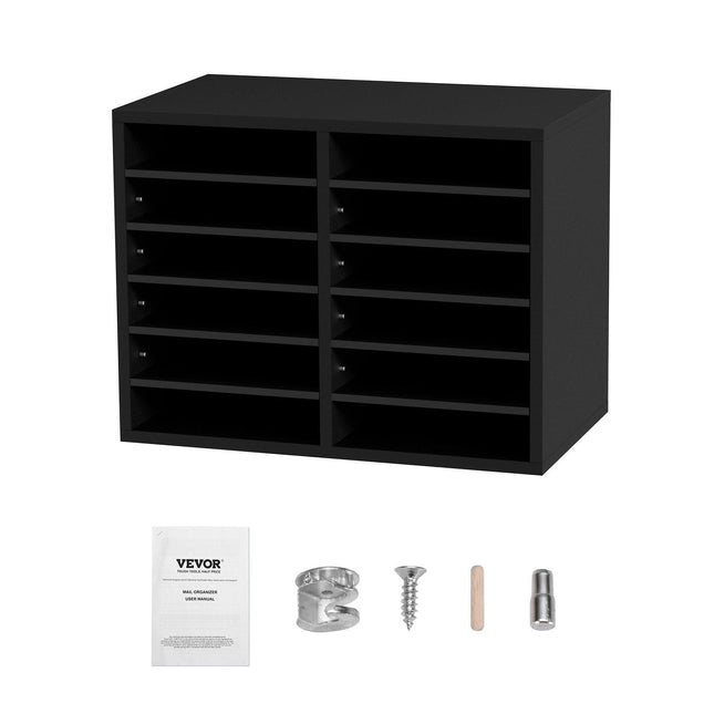 Wood Literature Organizer Adjustable File Sorter 12 Compartments Black.