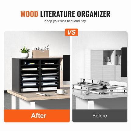 Wood Literature Organizer Adjustable File Sorter 12 Compartments Black.