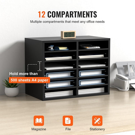 Wood Literature Organizer Adjustable File Sorter 12 Compartments Black.