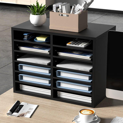Wood Literature Organizer Adjustable File Sorter 12 Compartments Black.