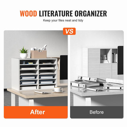 Wood Literature Organizer Adjustable File Sorter 12 Compartments White.