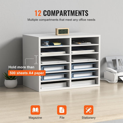 Wood Literature Organizer Adjustable File Sorter 12 Compartments White.