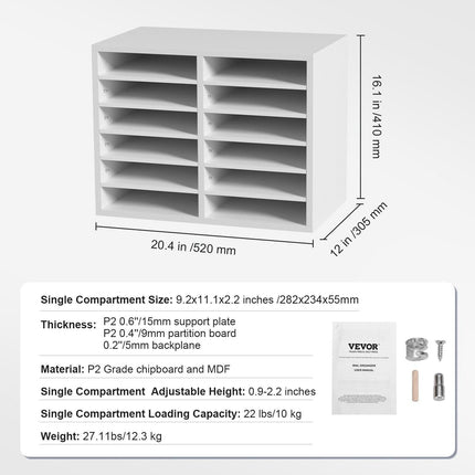 Wood Literature Organizer Adjustable File Sorter 12 Compartments White.