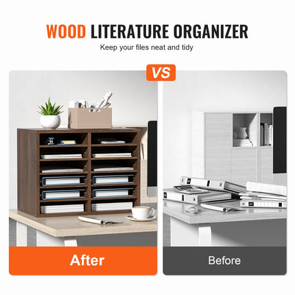 Wood Literature Organizer Adjustable File Sorter 12 Compartments Brown.