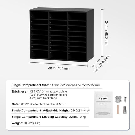 Wood Literature Organizer Adjustable File Sorter 24 Compartments Black.