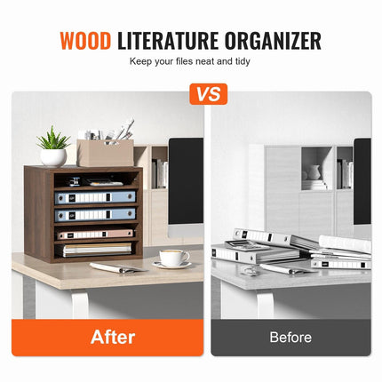 Wood Literature Organizer Adjustable File Sorter 5 Compartments Brown.