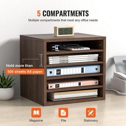 Wood Literature Organizer Adjustable File Sorter 5 Compartments Brown.