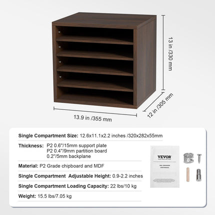 Wood Literature Organizer Adjustable File Sorter 5 Compartments Brown.