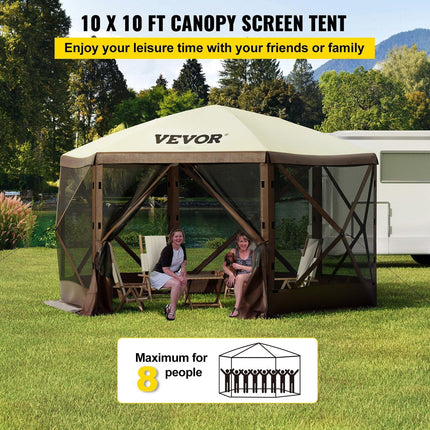 Pop-up Camping Gazebo Camping Canopy Shelter 6 Sided 10' x 10' Sun Shade.