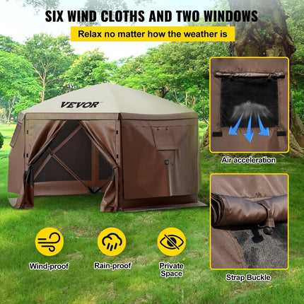 Pop-up Camping Gazebo Camping Canopy Shelter 6 Sided 10' x 10' Sun Shade.