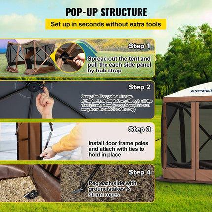 Pop-up Camping Gazebo Camping Canopy Shelter 6 Sided 10' x 10' Sun Shade.