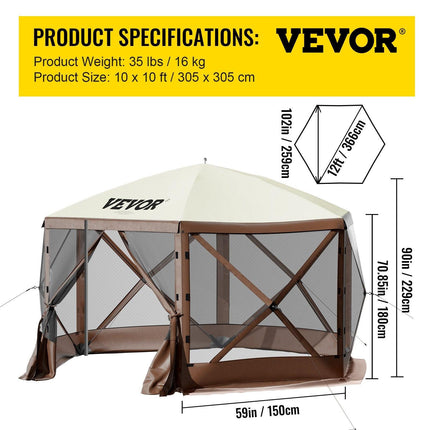 Pop-up Camping Gazebo Camping Canopy Shelter 6 Sided 10' x 10' Sun Shade.