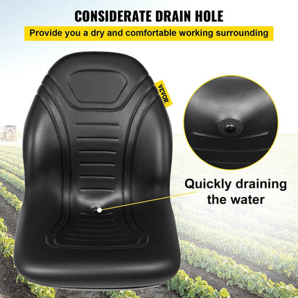 Universal Lawn Tractor Seat Replacement, Compact High Back Mower Seat, Black Vinyl Forklift Seat, Central Drain Hole Skid Steer Seat with Mounting Bolt Patterns of 8" x 11.5" & 11.25" x 11.5".