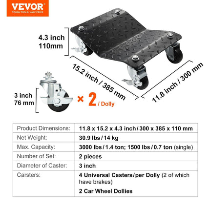 Car Dolly Wheel Tire Dolly 2 PCS Heavy Duty Skate Auto Repair Dolly 3000LB.