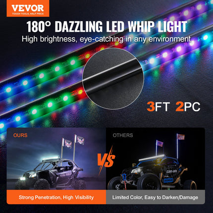 2 PCS 3 FT Whip Light, APP & RF Remote Control Led Whip Light, Waterproof RGB Chasing Lighted Whips with 4 Flags, for UTVs, ATVs, Motorcycles, RZR, Can-am, Trucks, Off-road, Go-karts.
