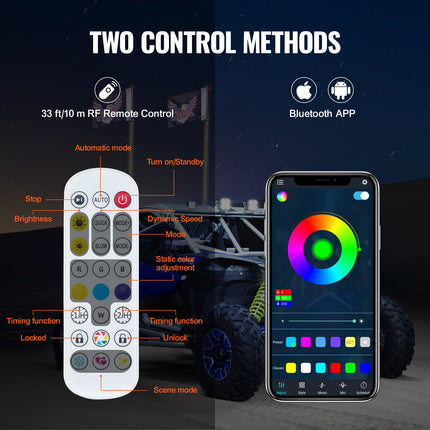 2 PCS 3 FT Whip Light, APP & RF Remote Control Led Whip Light, Waterproof RGB Chasing Lighted Whips with 4 Flags, for UTVs, ATVs, Motorcycles, RZR, Can-am, Trucks, Off-road, Go-karts.