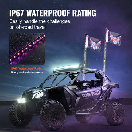 2 PCS 3 FT Whip Light, APP & RF Remote Control Led Whip Light, Waterproof RGB Chasing Lighted Whips with 4 Flags, for UTVs, ATVs, Motorcycles, RZR, Can-am, Trucks, Off-road, Go-karts.