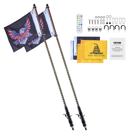 2 PCS 3 FT Whip Light, APP & RF Remote Control Led Whip Light, Waterproof RGB Chasing Lighted Whips with 4 Flags, for UTVs, ATVs, Motorcycles, RZR, Can-am, Trucks, Off-road, Go-karts.