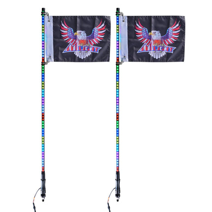 2 PCS 3 FT Whip Light, APP & RF Remote Control Led Whip Light, Waterproof RGB Chasing Lighted Whips with 4 Flags, for UTVs, ATVs, Motorcycles, RZR, Can-am, Trucks, Off-road, Go-karts.