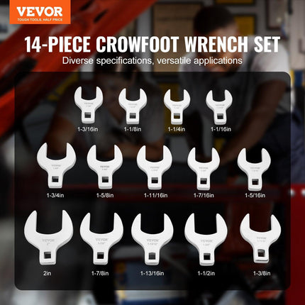 Crowfoot Wrench Set, 1/2" Drive 14-Piece SAE (1-1/16" - 2") Crows Foot Wrench Set with Storage Tray, 40CR Material with Laser Etched Sizing, for Mechanical Maintenance or Repairs.