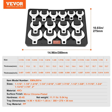 Crowfoot Wrench Set, 1/2" Drive 14-Piece SAE (1-1/16" - 2") Crows Foot Wrench Set with Storage Tray, 40CR Material with Laser Etched Sizing, for Mechanical Maintenance or Repairs.