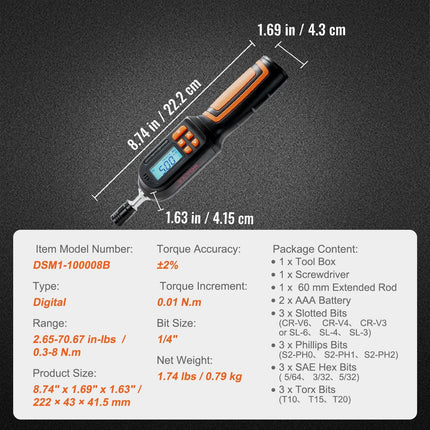 Digital Torque Screwdriver 1/4" Range 2.65-70.67in/lb w/ 0.01N.m Increment.