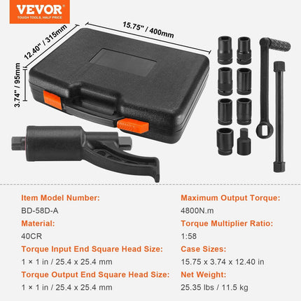 Torque Multiplier, Heavy Duty Torque Multiplier Wrench Set, 1 Inch Drive Lug Nut Wrench Torque Multiplier, 1:58 4800N.m Lug Nut Remover, with 8 Sockets and Storage Case for Truck Trailer RV.