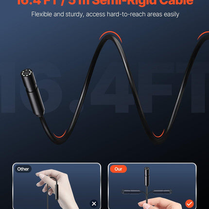 Endoscope Camera with Light, 1920P HD Borescope for Android & IOS, 8 LED Lights Inspection Camera with 5m Semi-Rigid Cable, 2X Zoom, IP67 Waterproof Snake Scope Camera for Auto, Plumbing.