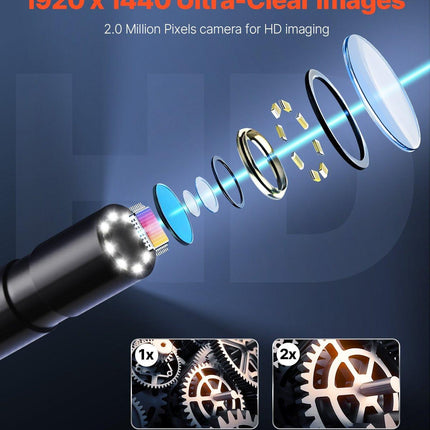 Endoscope Camera with Light, 1920P HD Borescope for Android & IOS, 8 LED Lights Inspection Camera with 5m Semi-Rigid Cable, 2X Zoom, IP67 Waterproof Snake Scope Camera for Auto, Plumbing.