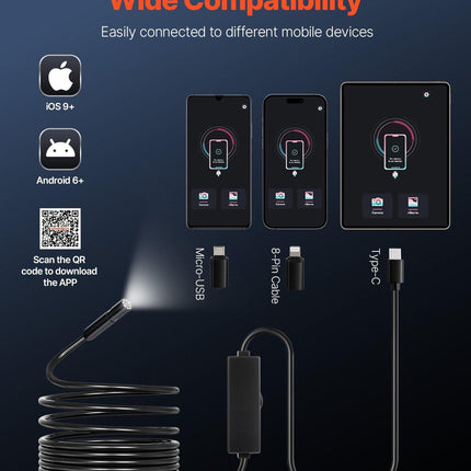 Endoscope Camera with Light, 1920P HD Borescope for Android & IOS, 8 LED Lights Inspection Camera with 5m Semi-Rigid Cable, 2X Zoom, IP67 Waterproof Snake Scope Camera for Auto, Plumbing.