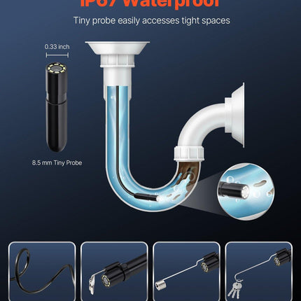 Endoscope Camera with Light, 1920P HD Borescope for Android & IOS, 8 LED Lights Inspection Camera with 5m Semi-Rigid Cable, 2X Zoom, IP67 Waterproof Snake Scope Camera for Auto, Plumbing.