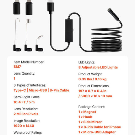 Endoscope Camera with Light, 1920P HD Borescope for Android & IOS, 8 LED Lights Inspection Camera with 5m Semi-Rigid Cable, 2X Zoom, IP67 Waterproof Snake Scope Camera for Auto, Plumbing.
