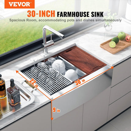 Farmhouse Kitchen Sink, 304 Stainless Steel Drop-In Sinks, Top Mount Single Bowl Basin with Ledge & Accessories, Household Dishwasher Sinks for Workstation, Prep Kitchen, and Bar Sink, 30 inch.