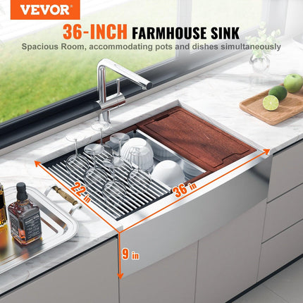 Farmhouse Kitchen Sink, 304 Stainless Steel Drop-In Sinks, Top Mount Single Bowl Basin with Ledge & Accessories, Household Dishwasher Sinks for Workstation, Prep Kitchen, and Bar Sink, 36 inch.