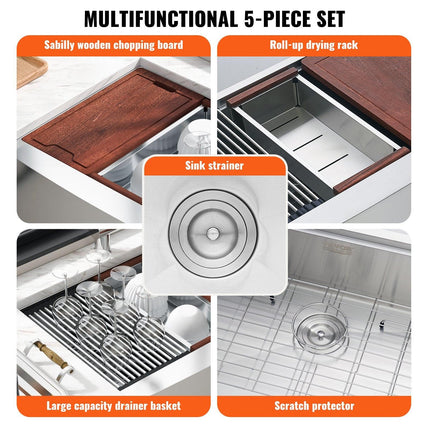 Farmhouse Kitchen Sink, 304 Stainless Steel Drop-In Sinks, Top Mount Single Bowl Basin with Ledge & Accessories, Household Dishwasher Sinks for Workstation, Prep Kitchen, and Bar Sink, 36 inch.