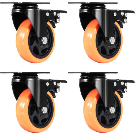Caster Wheels, 101.6 mm Swivel Plate Casters, Set of 4, with Security A/B Locking No Noise PVC Wheels, Heavy Duty 159 kg Load Capacity Per Caster, Non-Marking Wheels for Cart Furniture Workbench.