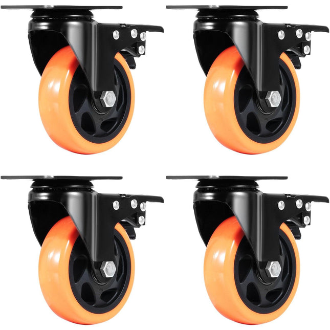 Caster Wheels, 101.6 mm Swivel Plate Casters, Set of 4, with Security A/B Locking No Noise PVC Wheels, Heavy Duty 159 kg Load Capacity Per Caster, Non-Marking Wheels for Cart Furniture Workbench.