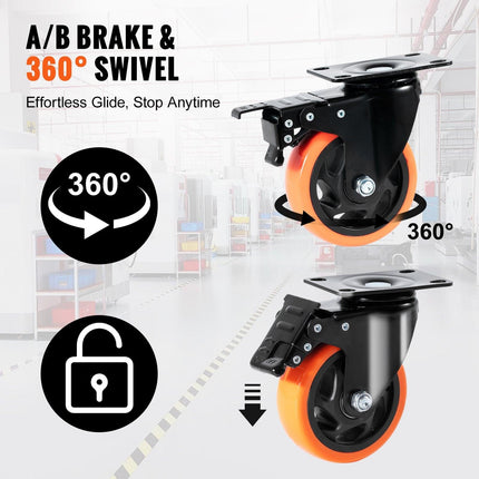 Caster Wheels, 101.6 mm Swivel Plate Casters, Set of 4, with Security A/B Locking No Noise PVC Wheels, Heavy Duty 159 kg Load Capacity Per Caster, Non-Marking Wheels for Cart Furniture Workbench.
