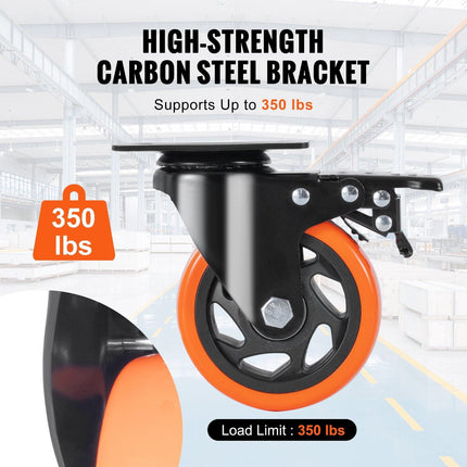 Caster Wheels, 101.6 mm Swivel Plate Casters, Set of 4, with Security A/B Locking No Noise PVC Wheels, Heavy Duty 159 kg Load Capacity Per Caster, Non-Marking Wheels for Cart Furniture Workbench.