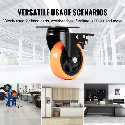 Caster Wheels, 101.6 mm Swivel Plate Casters, Set of 4, with Security A/B Locking No Noise PVC Wheels, Heavy Duty 159 kg Load Capacity Per Caster, Non-Marking Wheels for Cart Furniture Workbench.