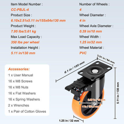 Caster Wheels, 101.6 mm Swivel Plate Casters, Set of 4, with Security A/B Locking No Noise PVC Wheels, Heavy Duty 159 kg Load Capacity Per Caster, Non-Marking Wheels for Cart Furniture Workbench.