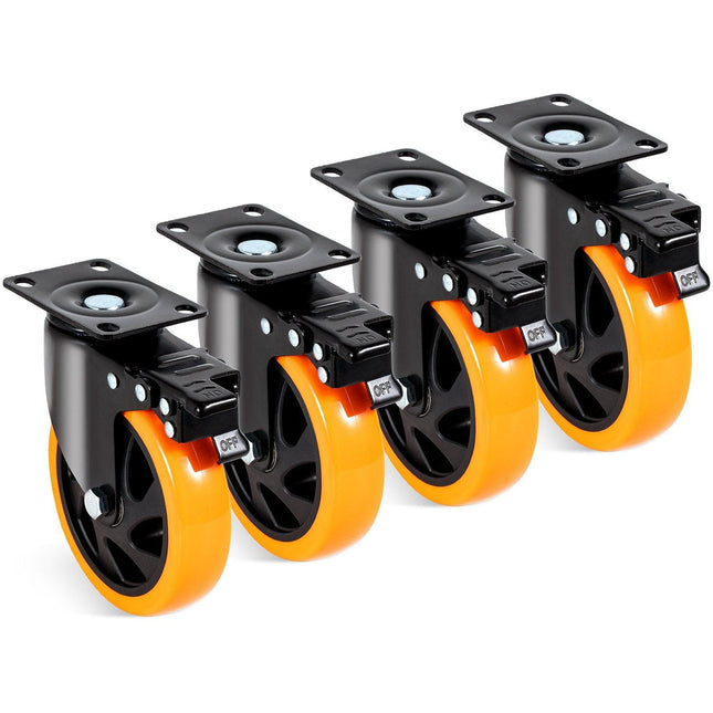 Caster Wheels, 127 mm Swivel Plate Casters, Set of 4, with Security A/B Locking No Noise PVC Wheels, Heavy Duty 204 kg Load Capacity Per Caster, Non-Marking Wheels for Cart Furniture Workbench.