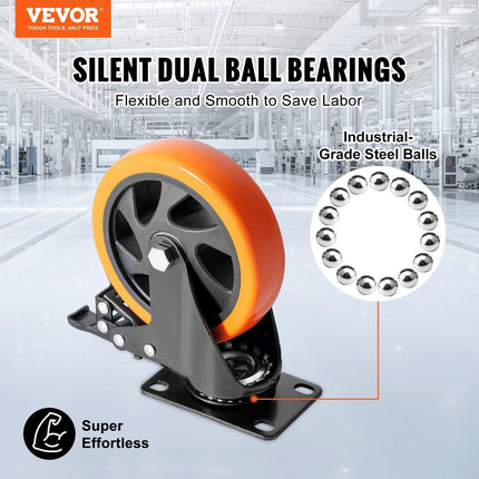 Caster Wheels, 127 mm Swivel Plate Casters, Set of 4, with Security A/B Locking No Noise PVC Wheels, Heavy Duty 204 kg Load Capacity Per Caster, Non-Marking Wheels for Cart Furniture Workbench.