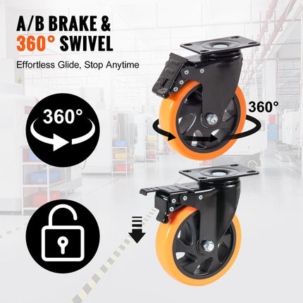 Caster Wheels, 127 mm Swivel Plate Casters, Set of 4, with Security A/B Locking No Noise PVC Wheels, Heavy Duty 204 kg Load Capacity Per Caster, Non-Marking Wheels for Cart Furniture Workbench.