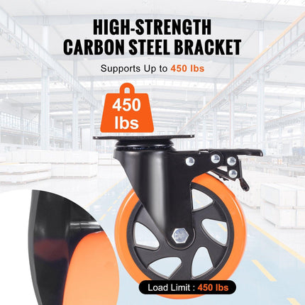 Caster Wheels, 127 mm Swivel Plate Casters, Set of 4, with Security A/B Locking No Noise PVC Wheels, Heavy Duty 204 kg Load Capacity Per Caster, Non-Marking Wheels for Cart Furniture Workbench.
