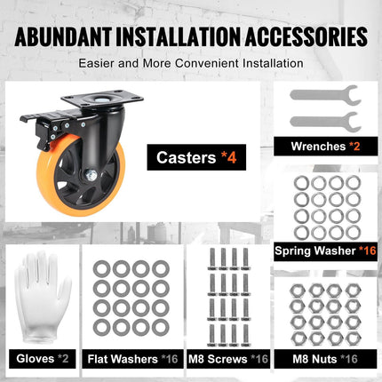 Caster Wheels, 127 mm Swivel Plate Casters, Set of 4, with Security A/B Locking No Noise PVC Wheels, Heavy Duty 204 kg Load Capacity Per Caster, Non-Marking Wheels for Cart Furniture Workbench.