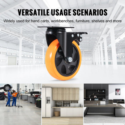 Caster Wheels, 127 mm Swivel Plate Casters, Set of 4, with Security A/B Locking No Noise PVC Wheels, Heavy Duty 204 kg Load Capacity Per Caster, Non-Marking Wheels for Cart Furniture Workbench.