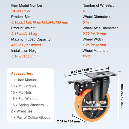 Caster Wheels, 127 mm Swivel Plate Casters, Set of 4, with Security A/B Locking No Noise PVC Wheels, Heavy Duty 204 kg Load Capacity Per Caster, Non-Marking Wheels for Cart Furniture Workbench.
