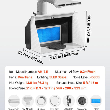 Airbrush Spray Booth, Dual Fans, 545 x 475 x 370 mm, Portable Hobby Airbrush Paint Spray Booth Kit with 3 LED Lights and Exhaust Extension Hose, for Painting Models, Arts, Crafts, Cakes.