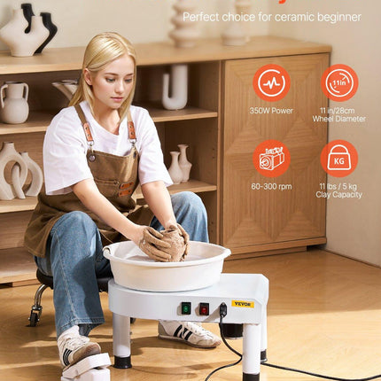 Pottery Wheel, 28 cm Ceramic Wheel Forming Machine, 60-300 RPM Speed Adjustable Foot Pedal, Adjustable Lift Leg, Detachable Basin, Complete Tool Accessory Kit for Work Art Craft DIY, White.